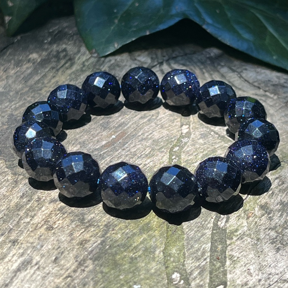 14mm sparkling‎ faceted blue sandstone bracelet